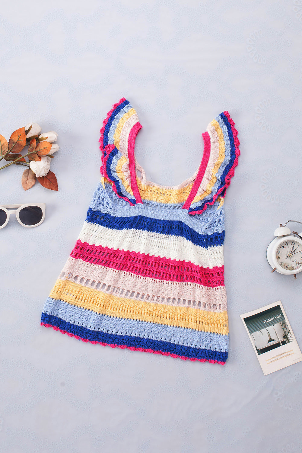 Stripe Square Neck Crochet Knit Crop Tank Top