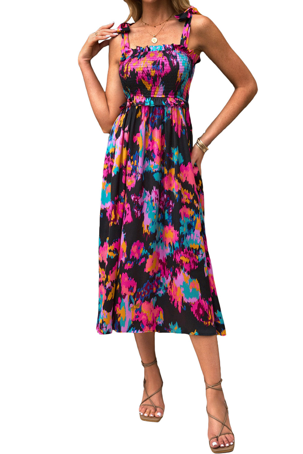 Abstract Floral Pattern Flutter Sleeve Tiered Maxi Dress