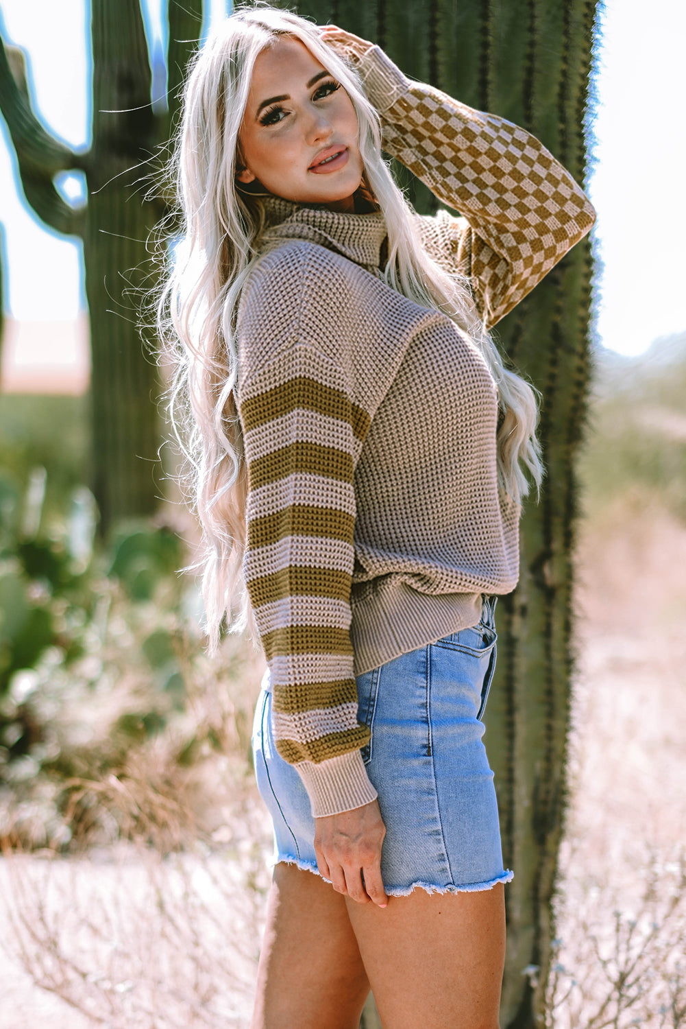 Black Striped Plaid Patchwork Waffle Knit Turtleneck Sweater