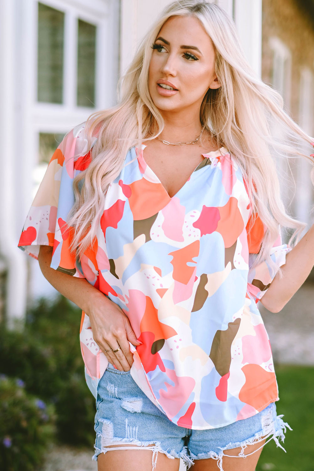 Floral Print V Neck Half Sleeve Blouse