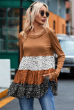 Ribbed Long Sleeve Dotted Tiered Ruffled Flowy Top