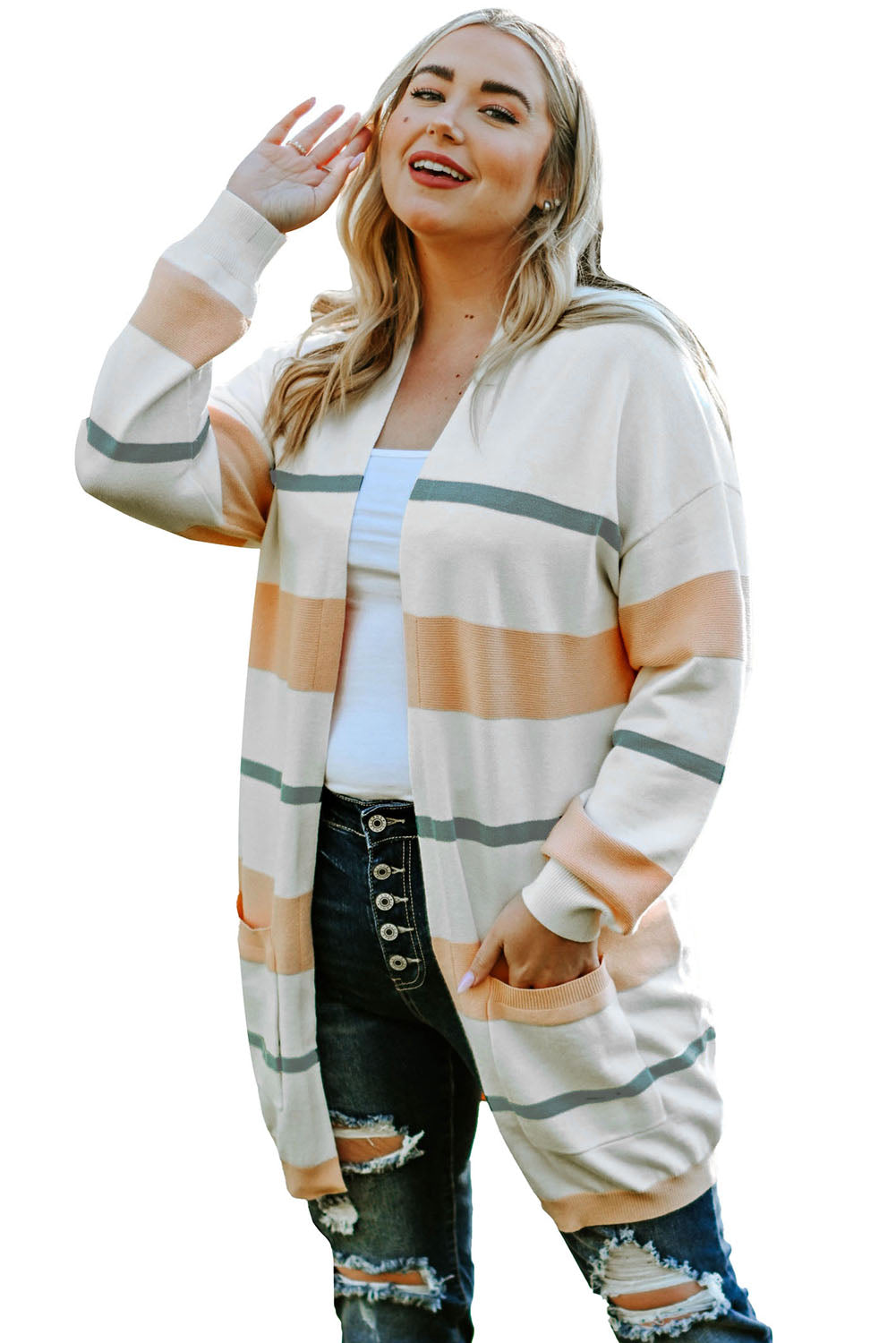 Striped Knit Side Pockets Plus Size Cardigan