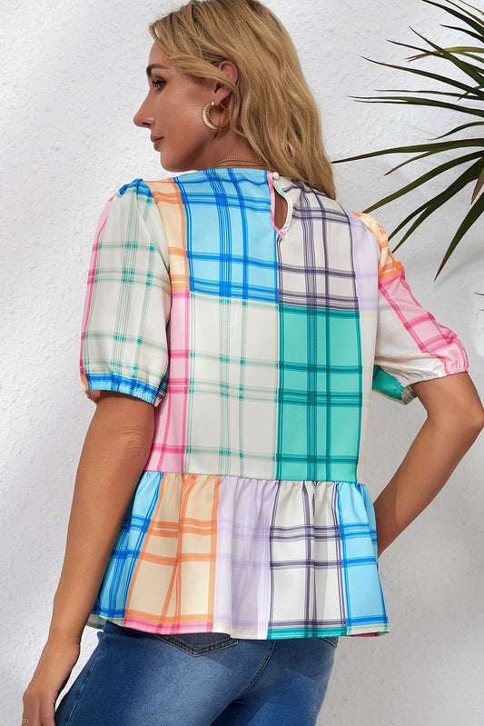 Bold Plaid Color Block Puff Sleeve Peplum Top