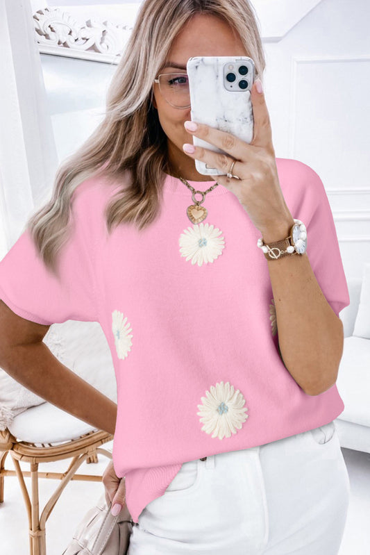 Pink Flower Pattern Short Sleeve Knitted Top