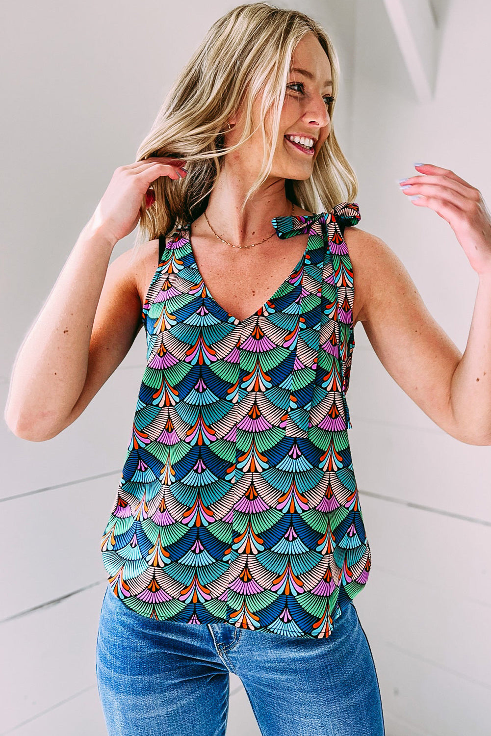 Printed Knotted Shoulder Tank Top