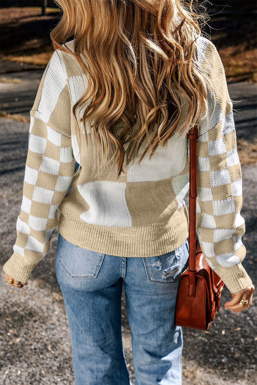 Flaxen Checkered Print Drop Shoulder Sweater