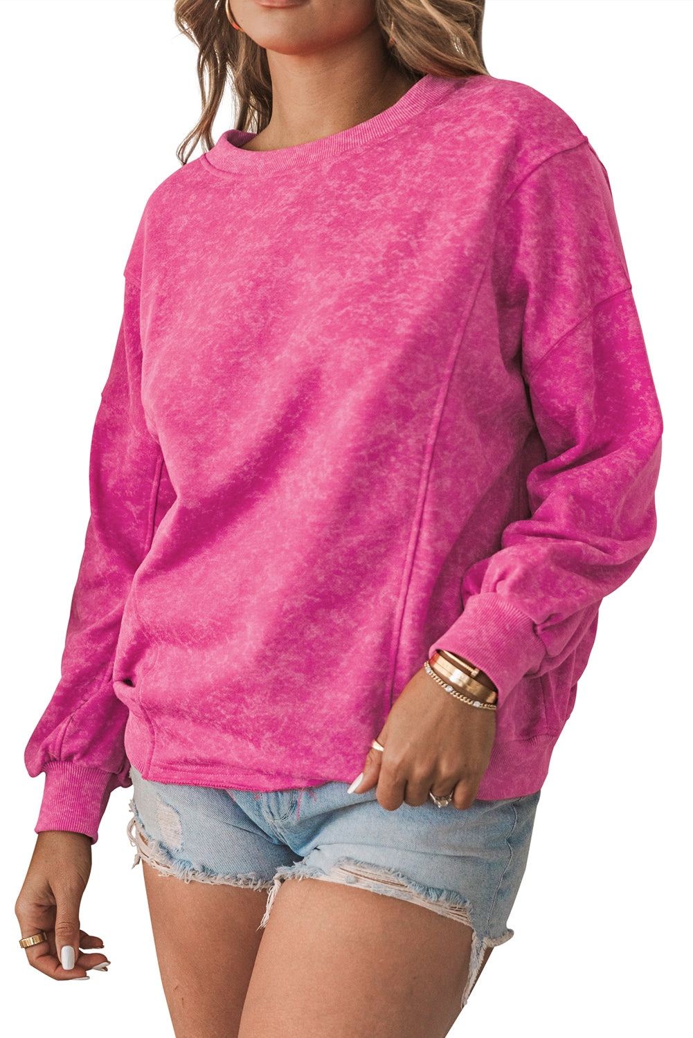 Rose Solid Splicing Loose Pullover Sweatshirt