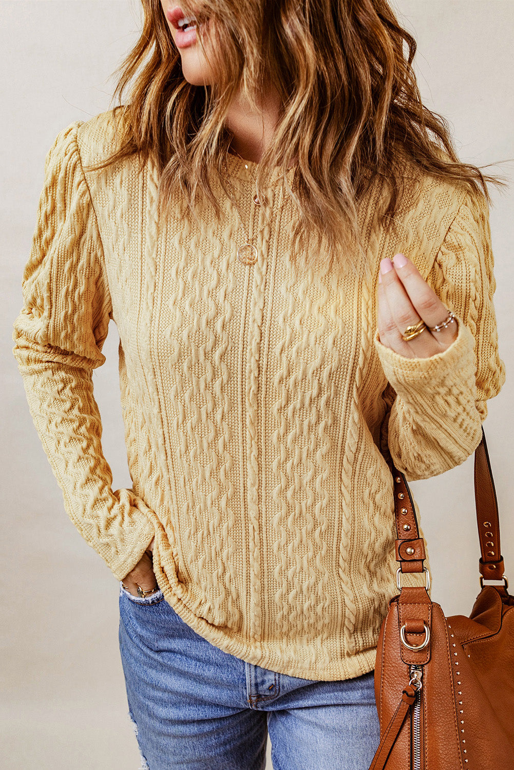 Solid Color Puffy Sleeve Textured Knit Top