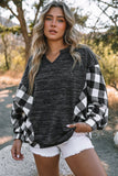 Buffalo Plaid Splicing Split Neck Knit Top