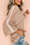 Light French Beige Contrast Striped 3/4 Sleeve Crew Neck Sweater