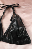 Halter Strappy Faux Leather Mesh Lingerie Set