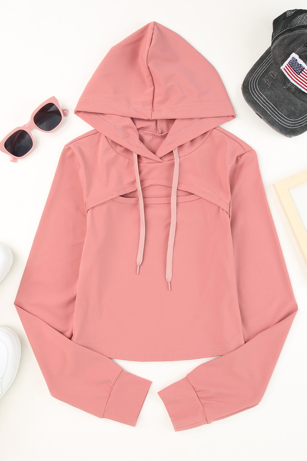 Cutout Cropped Sporty Drawstring Hoodie