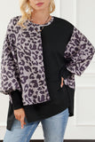 Black Leopard Patchwork Bishop Sleeve Slit Sweatshirt