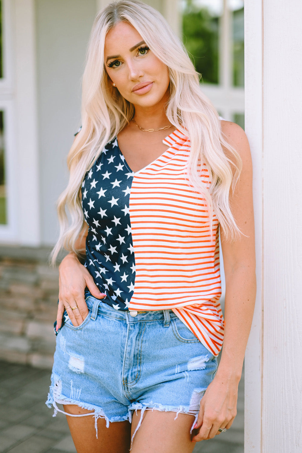 American Flag Color Block Knotted Straps Tank Top