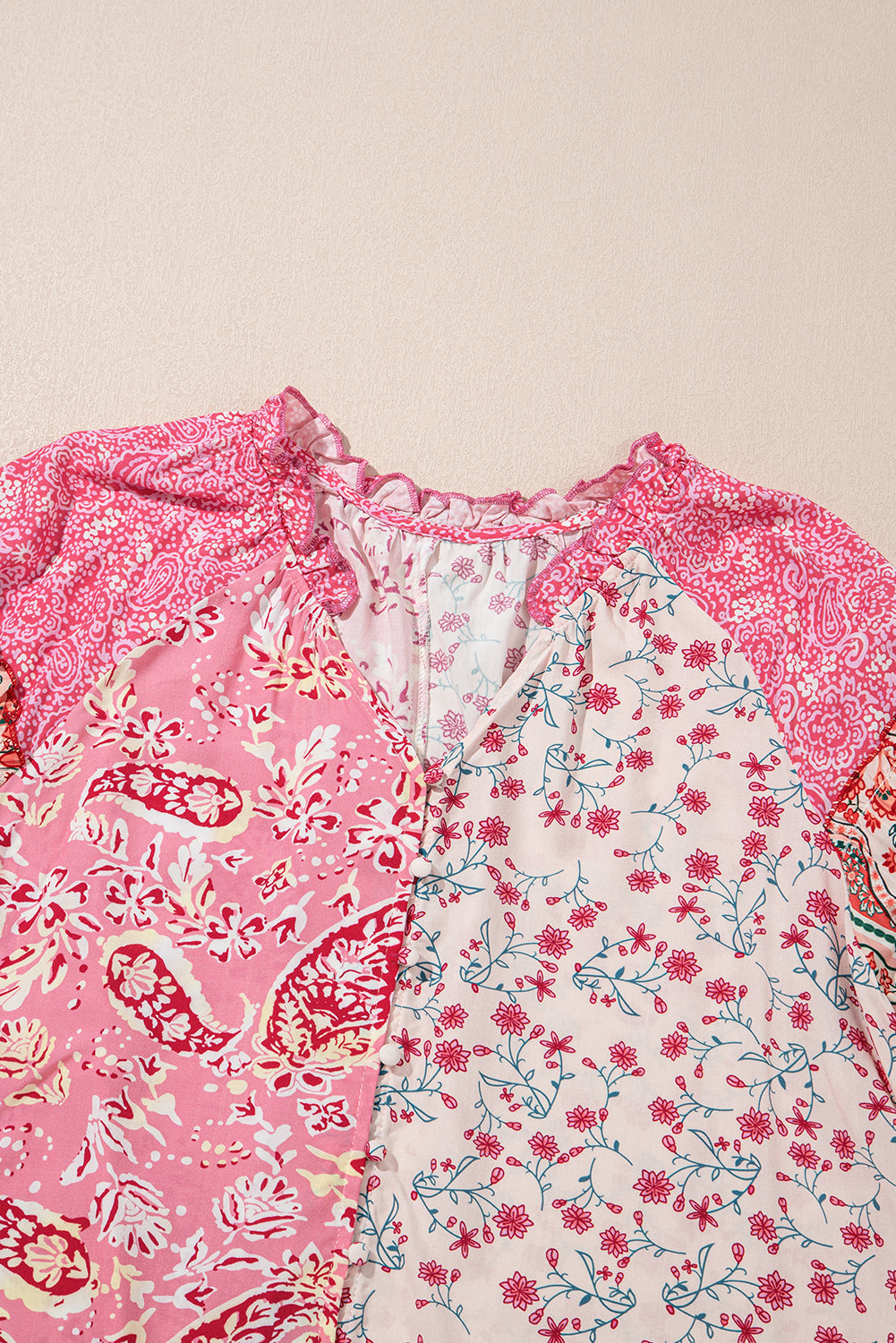 Pink Mixed Floral Printed Puff Sleeve V-Neck Shirt