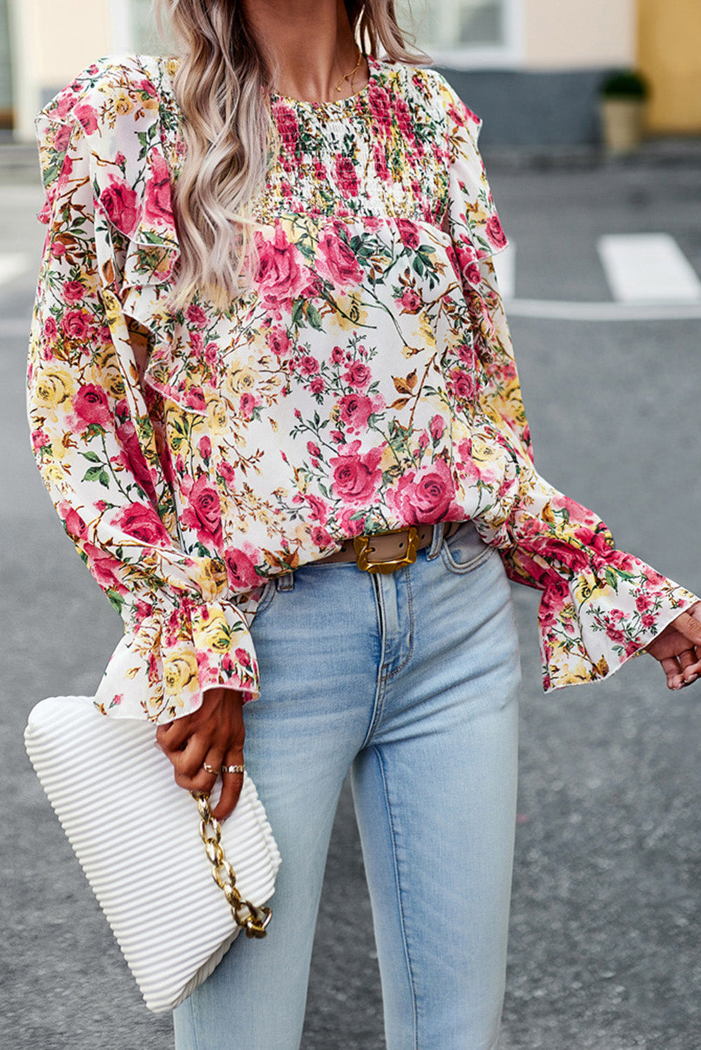 Floral Printed Ruffle Trim Long Sleeve Blouse