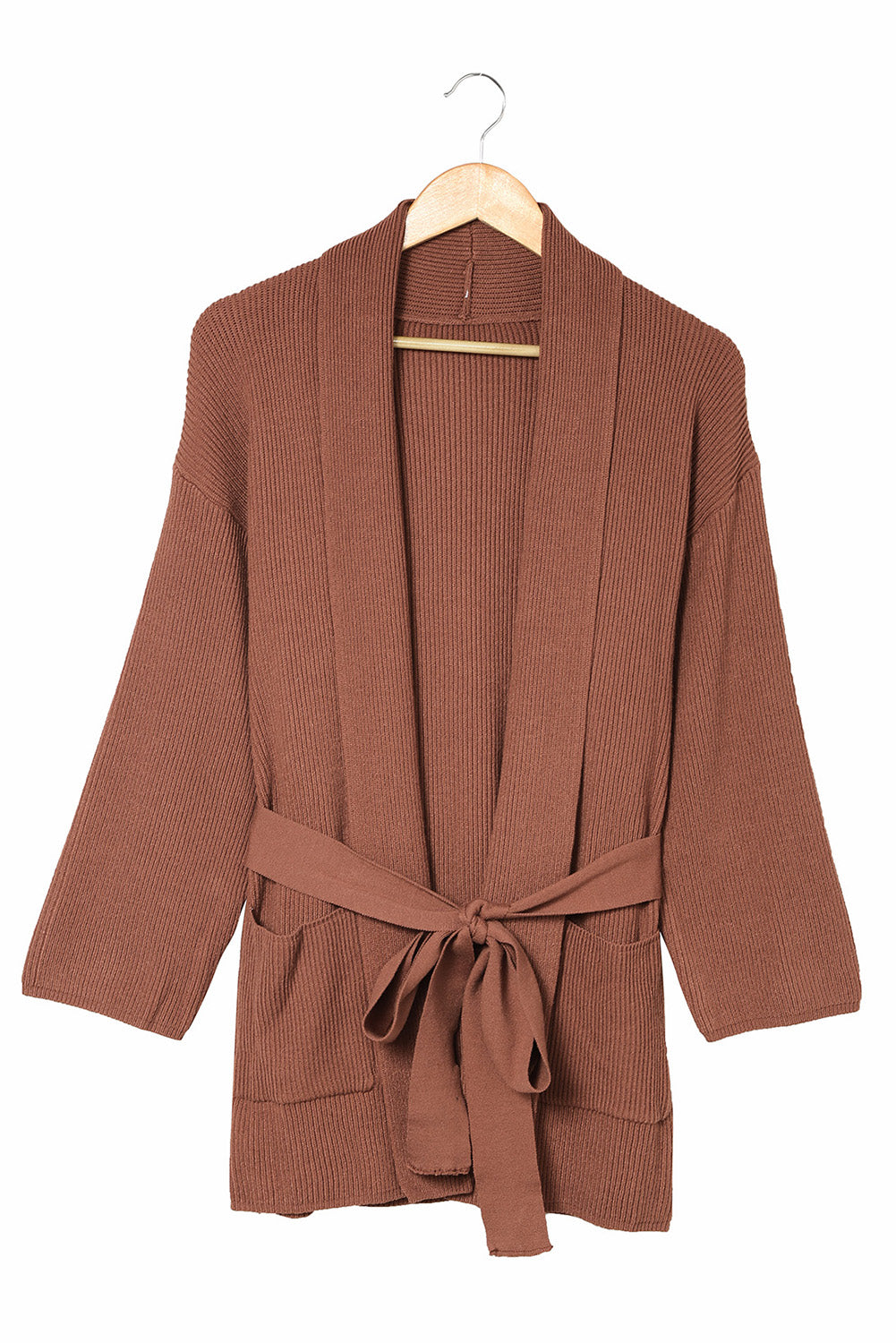 Robe Style Rib Knit Pocketed Cardigan with Belt