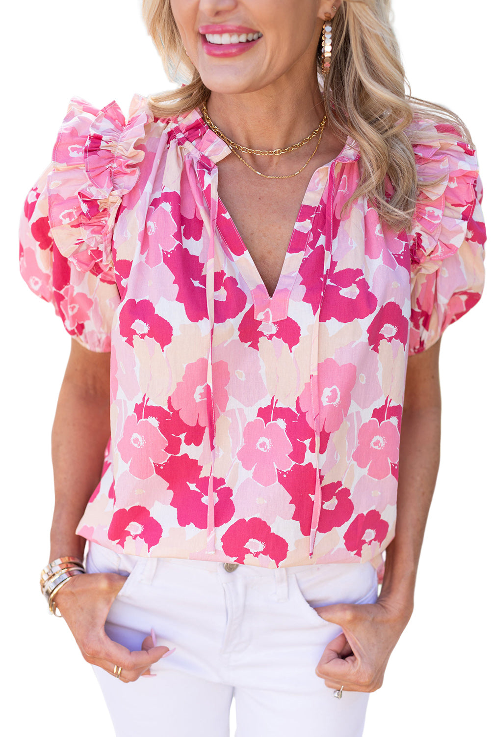 Split Neck Ruffled Puff Sleeves Floral Top