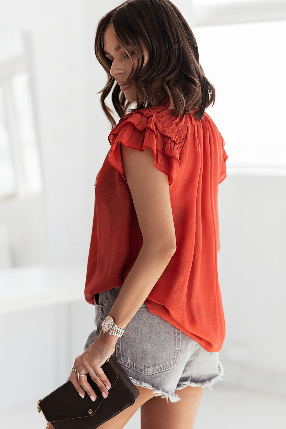 Tiered Ruffled Drawstring V Neck Top