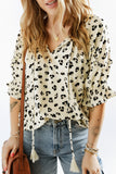 Leopard Print Frilled Half Sleeve Blouse with Tassel Tie