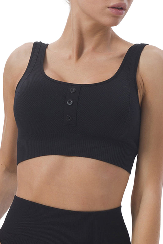 Soutien-gorge de sport noir sans couture à larges bretelles et boutons à col en U