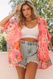 Floral Print Ruffled 3/4 Sleeve Loose Fit Kimono