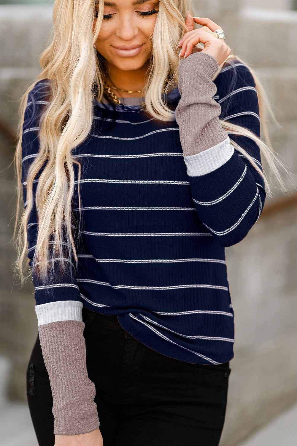 Extend Color Block Cuffs Rib Knit Striped Pullover