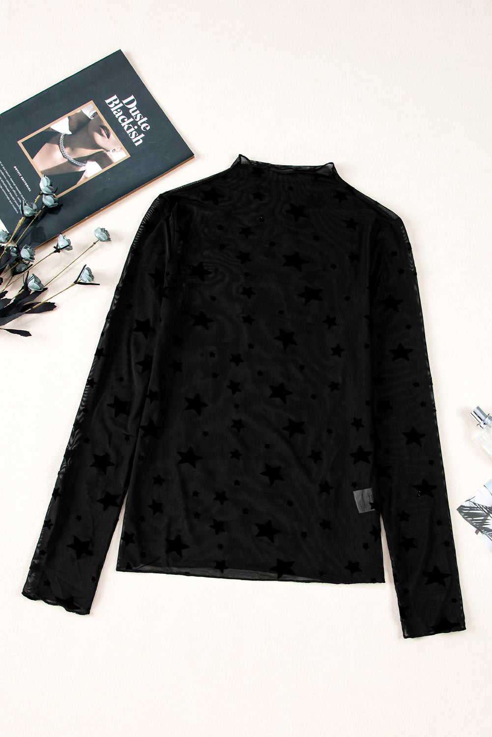 Black Star Embellished Sheer Mesh Long Sleeve Top