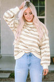 Khaki Oversized Striped Bishop Sleeve Pullover Sweatshirt