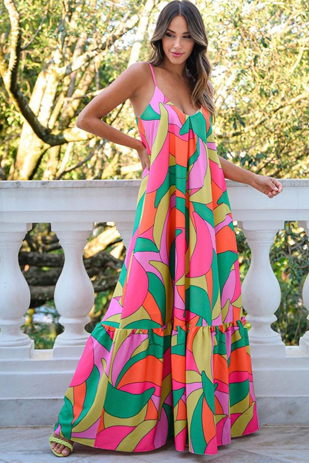 Robe longue sans manches à imprimé géométrique bohème multicolore