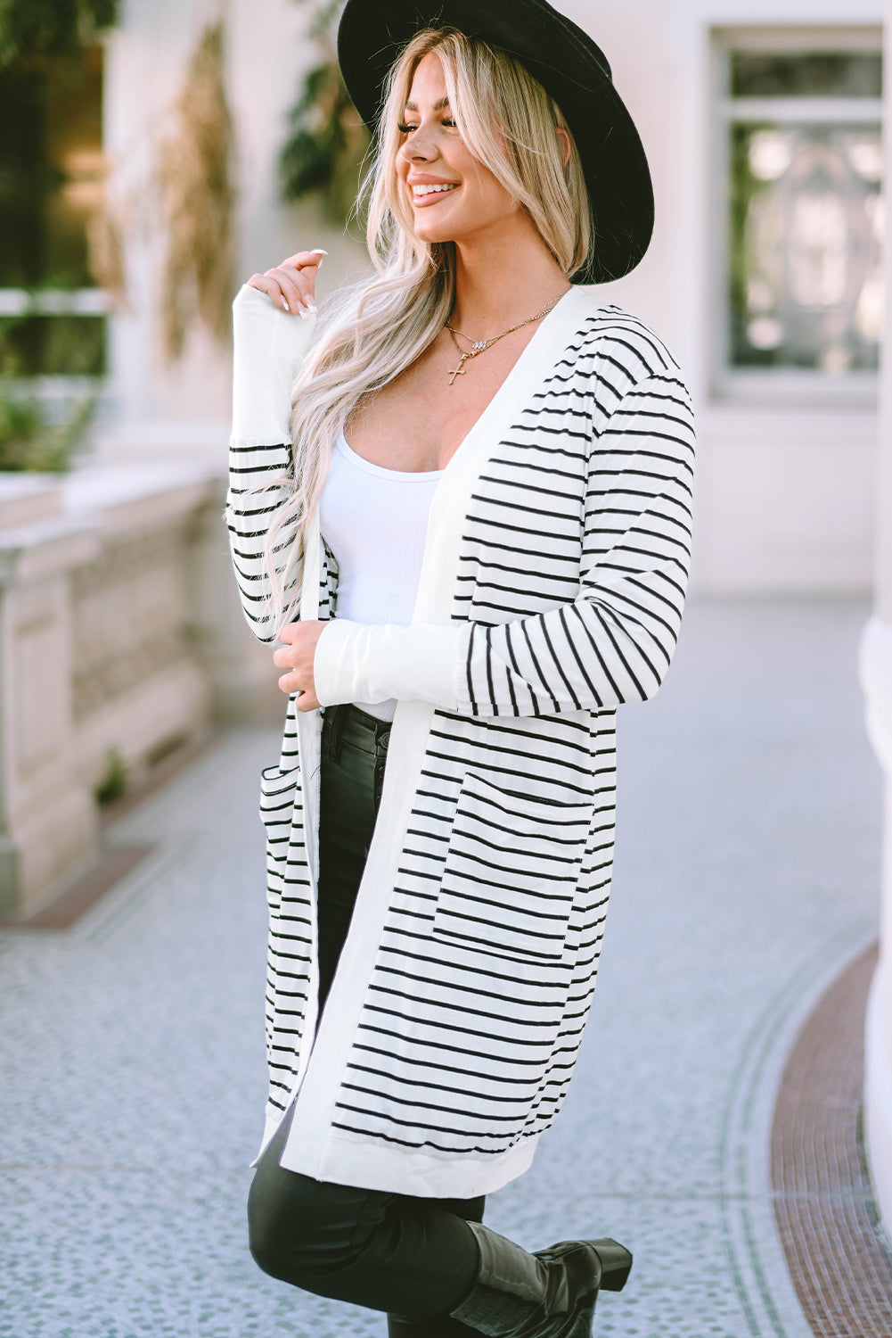 Striped Side Pockets Open Front Cardigan