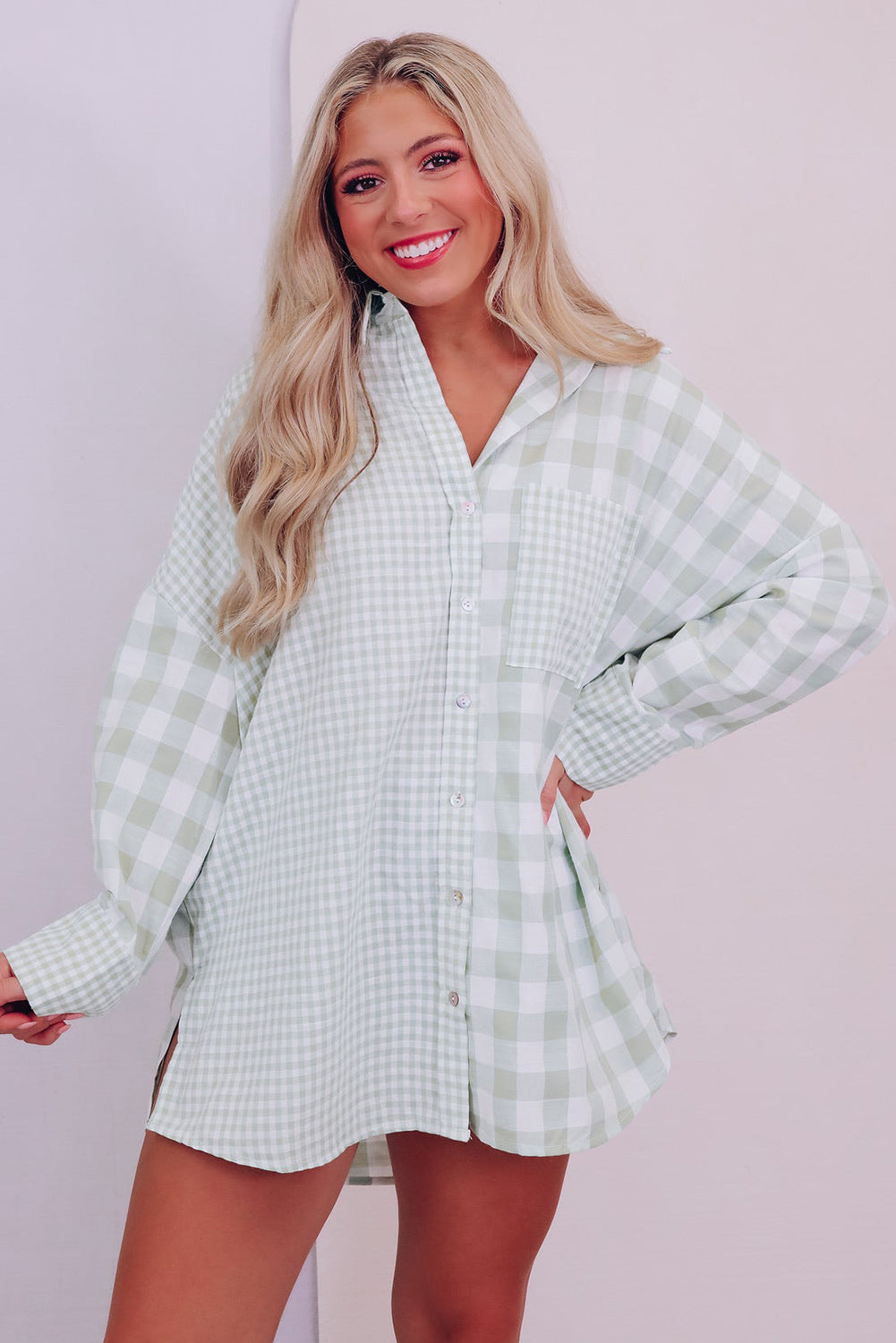 Mix Checked Patchwork Long Sleeve Shirt