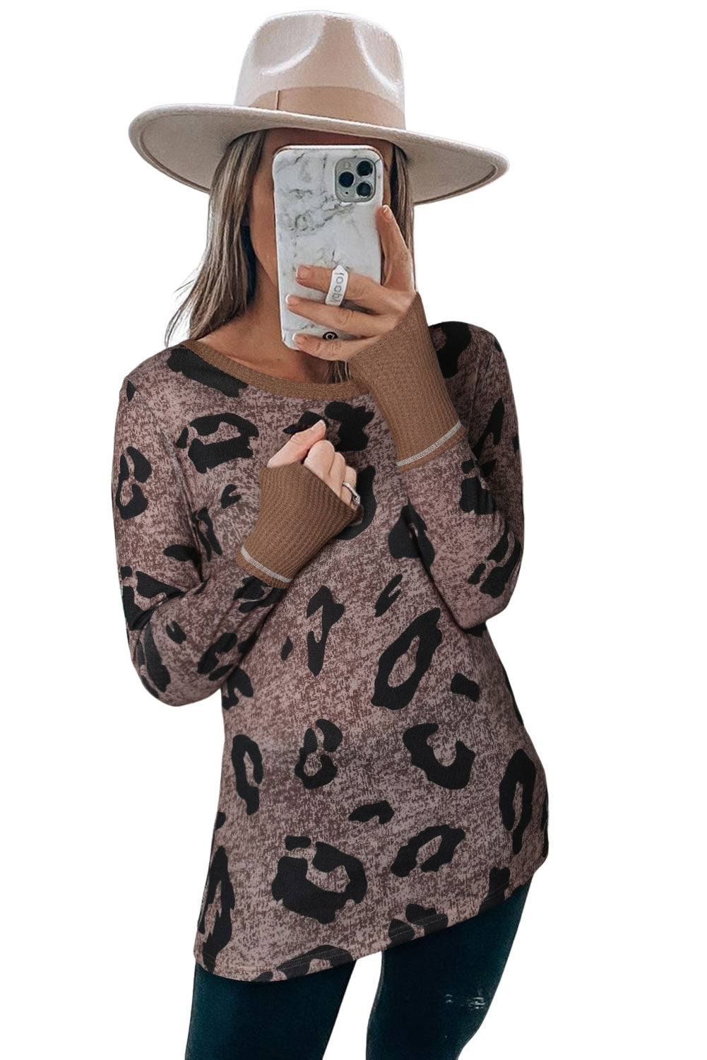 Leopard Spling Thumbhole Long Sleeve Top