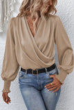 Solid Surplice Neck Shirred Cuffs Draped Blouse