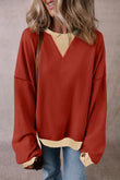 Red Clay Color Block Patch Drop Shoulder Oversized Sweatshirt