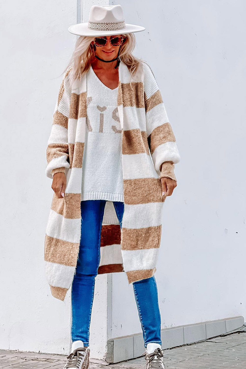 Striped Colorblock Rib Knit Bubble Sleeve Midi Cardigan