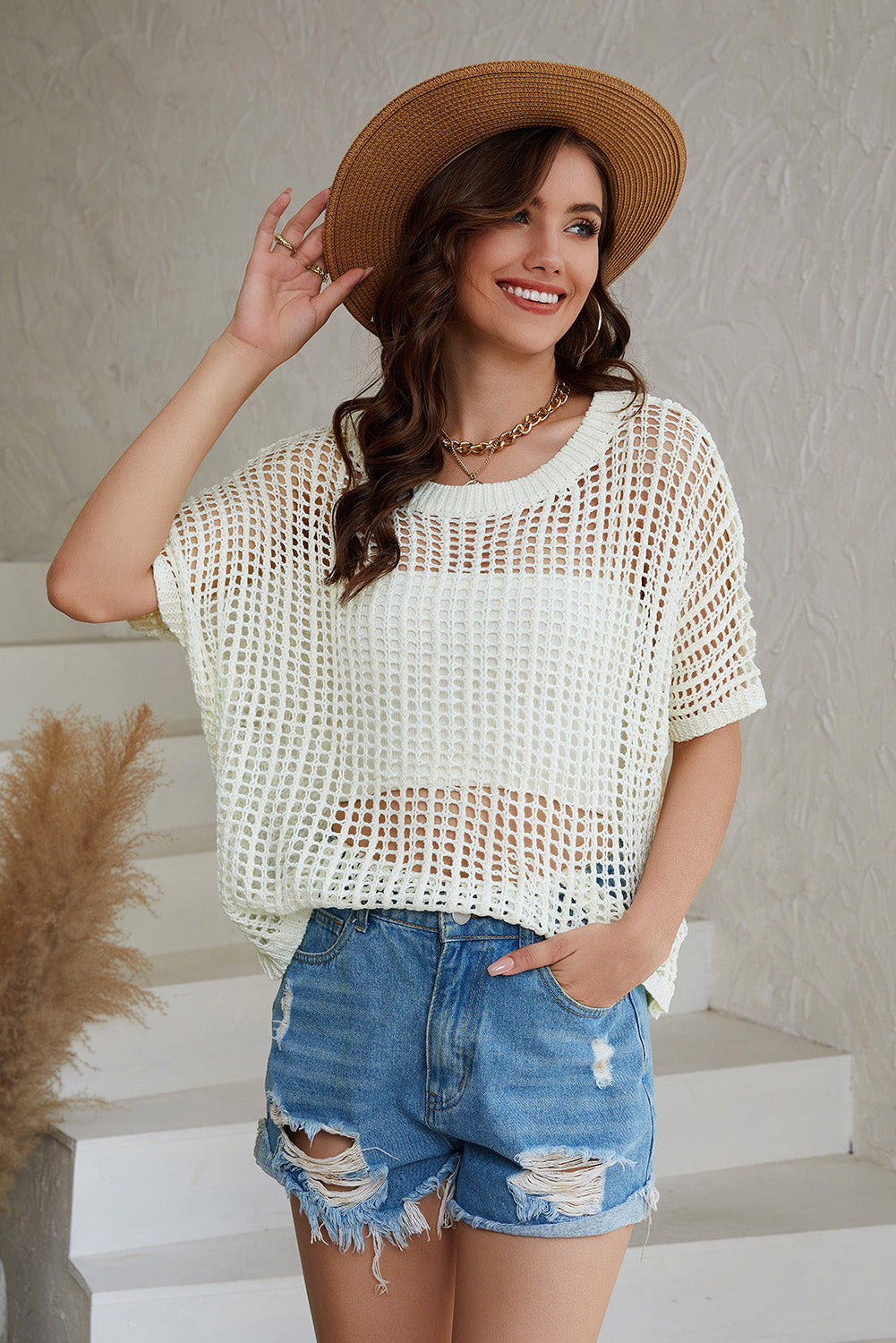 Fishnet Knit Ribbed Round Neck Short Sleeve Sweater Tee