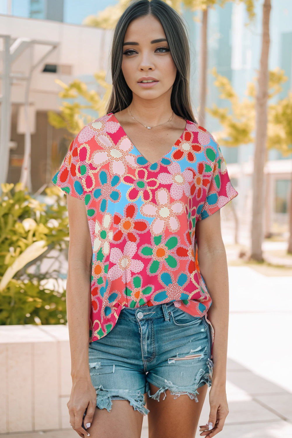 Rose Embroidered Detail Floral Print Ruffle Trim Tank Top