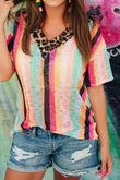 Striped Leopard V Neck T-shirt