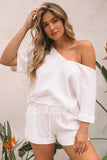 Relaxed V Neck Blouse and Drawstring Raw Hem Shorts Set