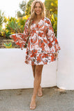 High Waist Bell Sleeve Ruffled Floral Mini Dress