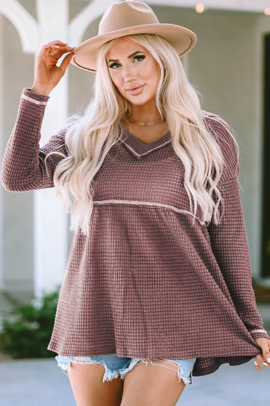 Waffle Knit V Neck Long Sleeve Babydoll Top