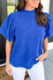 Sky Blue Solid Textured Puff Sleeve Mock Neck Blouse