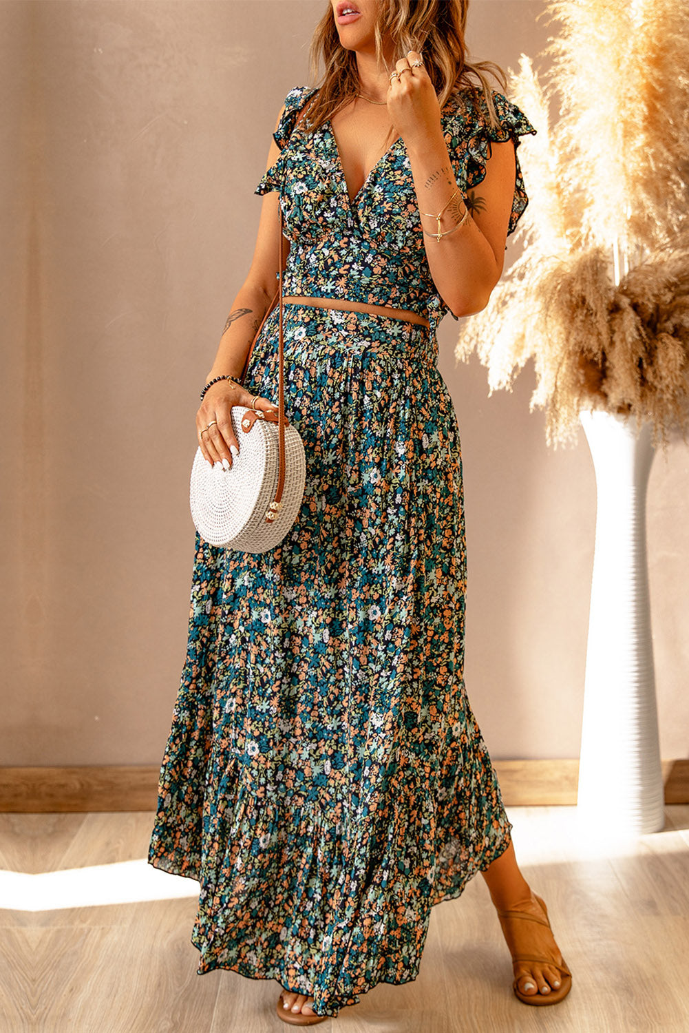 Floral Ruffled Crop Top and Maxi Skirt Set