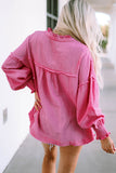 Pink Retro Frilled Seam Crinkle Puff Sleeve Blouse