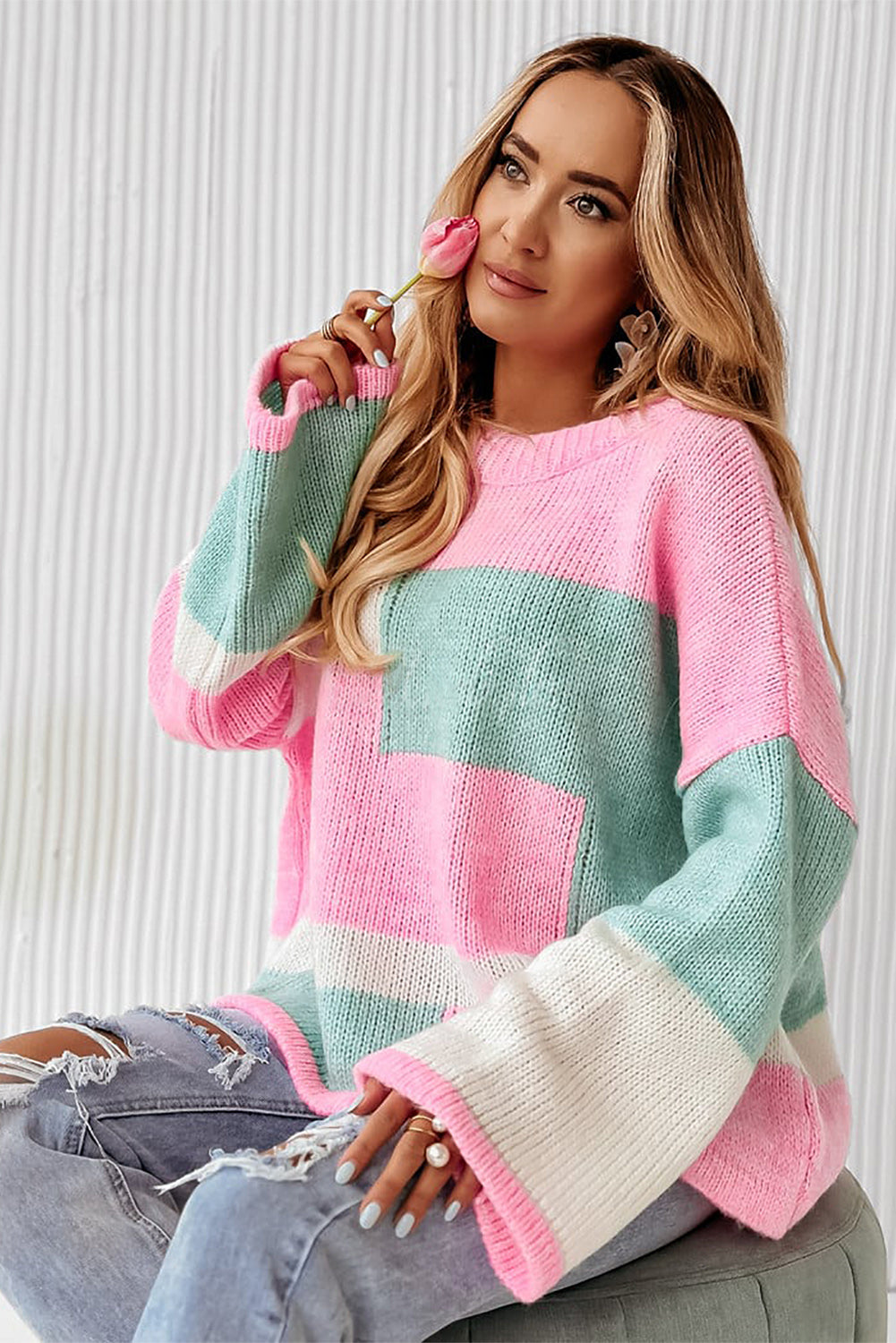 Colorblock Drop Shoulder Bell Sleeve Sweater