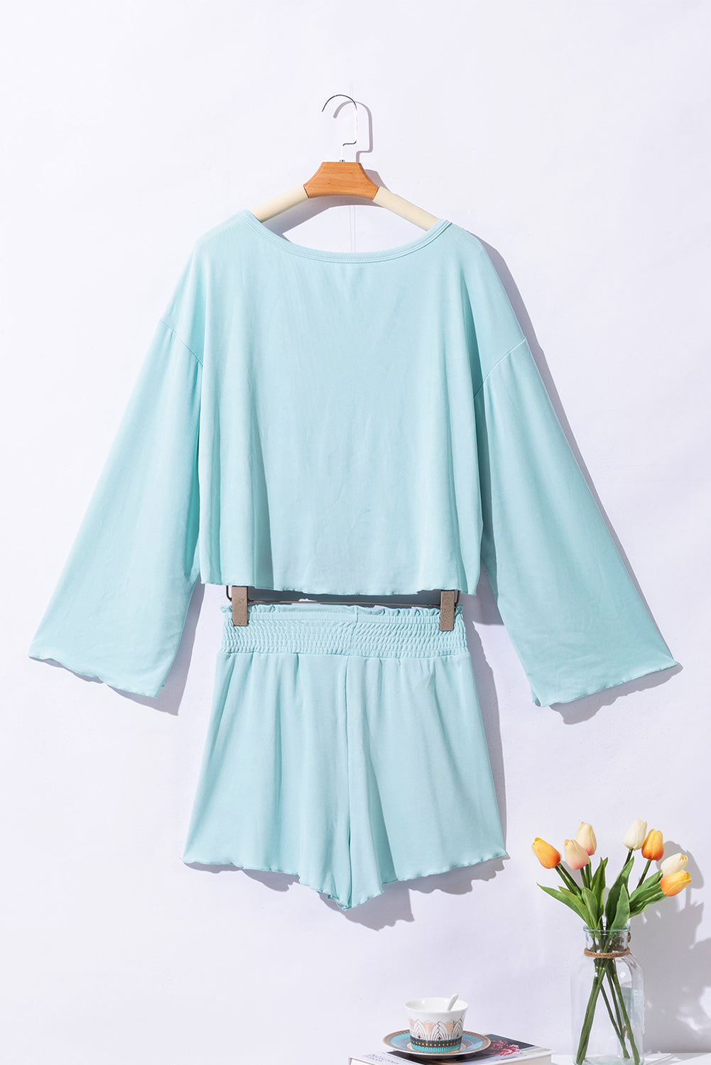 Long Sleeve Top & Shirred High Waist Shorts Set