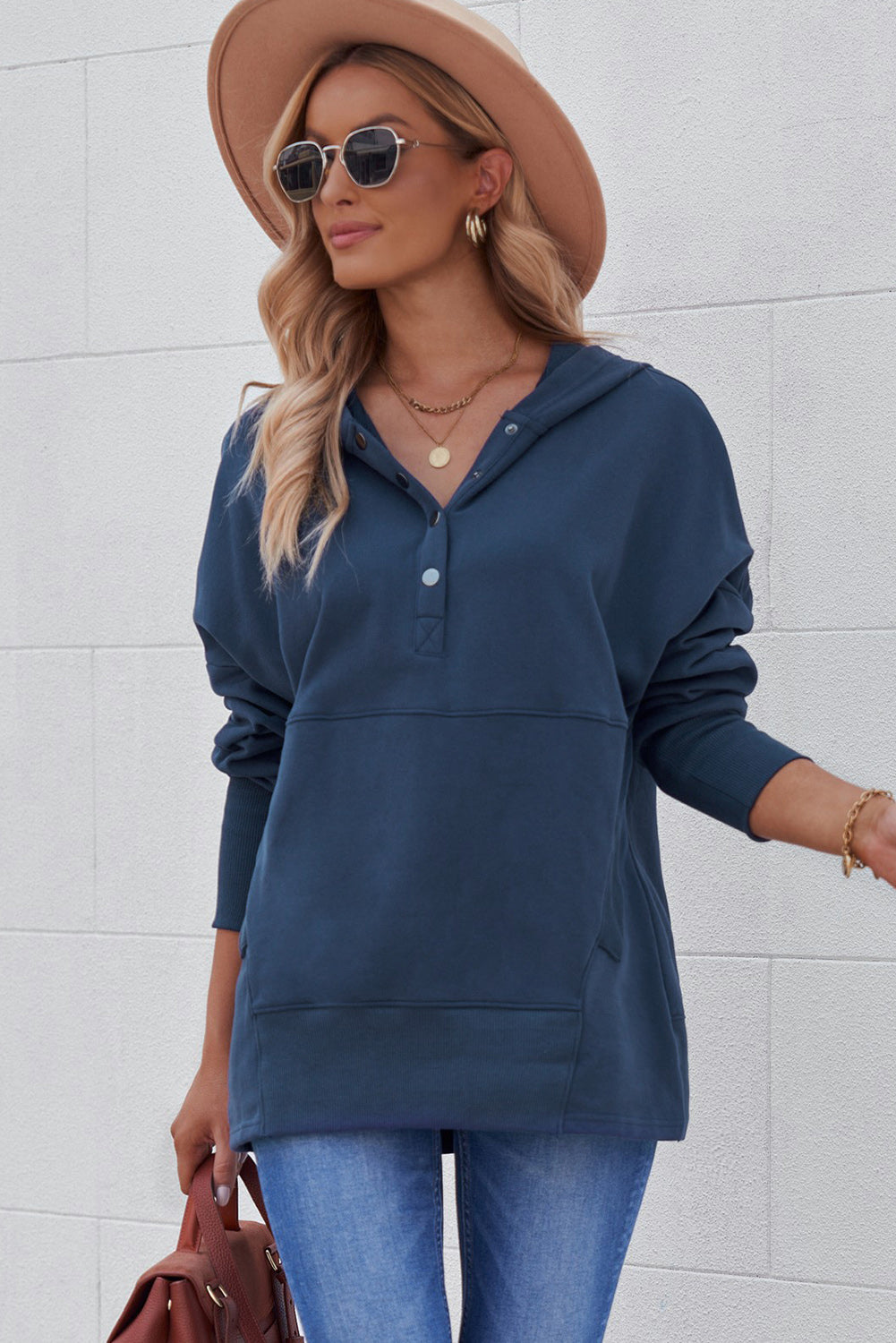 Turquoise Batwing Sleeve Pocketed Henley Hoodie