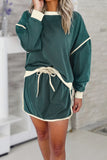 Black Color Contrast Loose Pullover and Lace-up Waist Skort Set