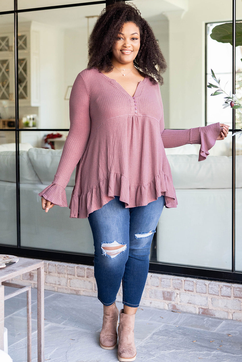 Plus Size Ruffled Waffle Knit Babydoll Top